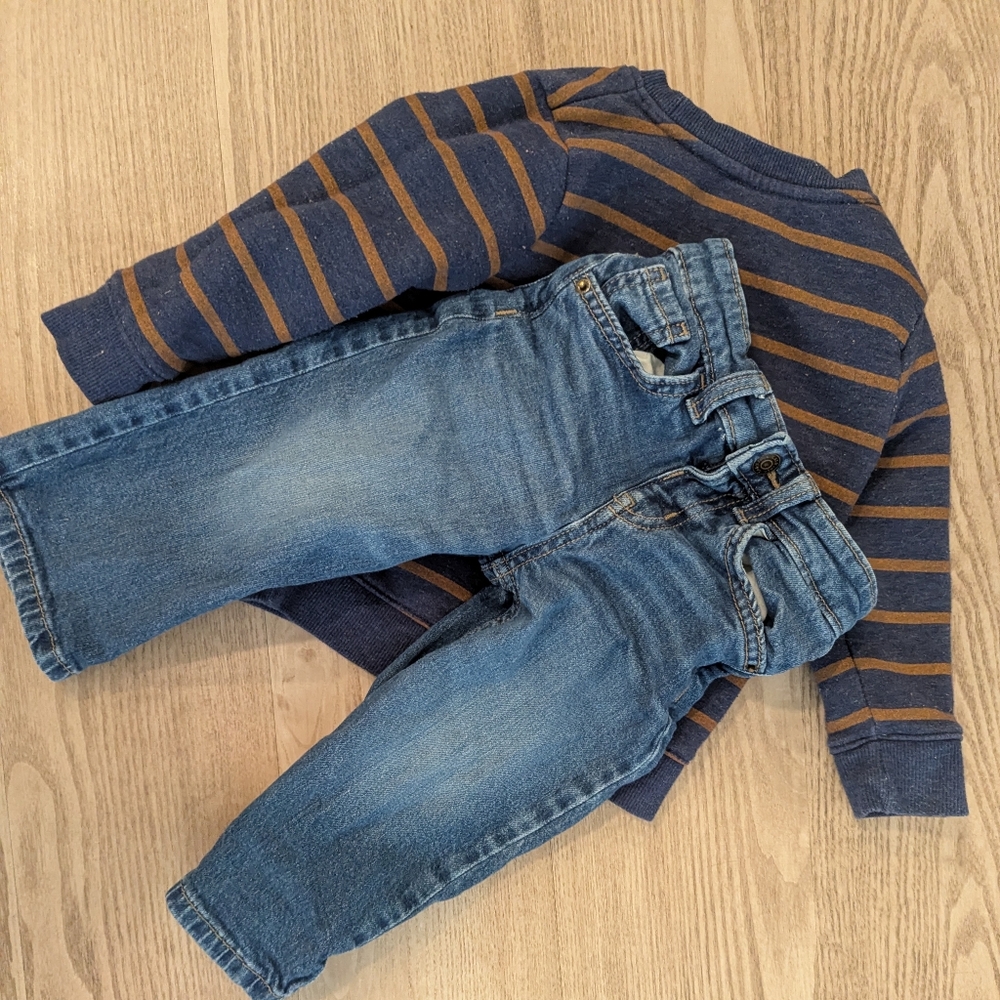 Cat & Jack Navy and Brown Striped Sweater with Blue Jeans Set